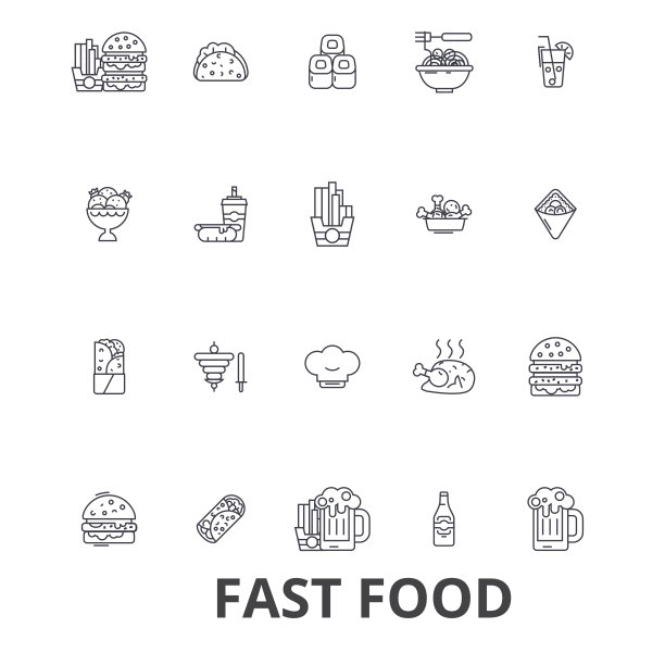 快餐、餐厅、披萨、汉堡、汉堡、垃圾食品、热狗、炸薯条等系列图标。可编辑的中风。平面设计矢量插图符号概念。线性迹象孤立图片下载