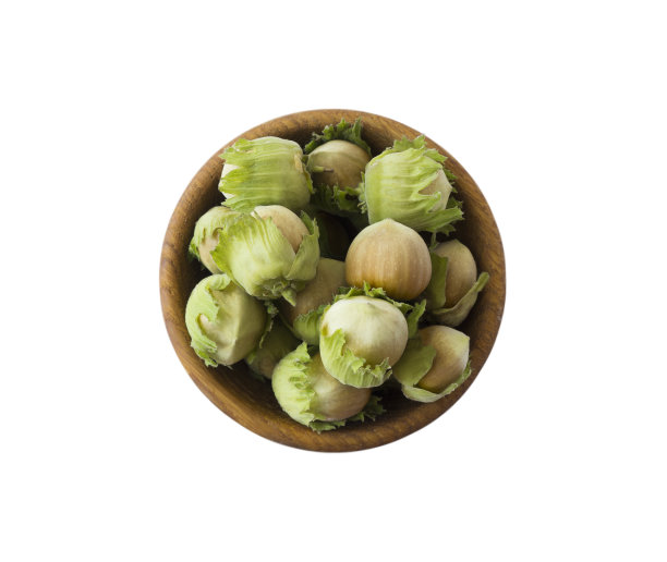 白色背景上分离的新鲜榛子。榛子在碗与复制空间的文本。榛子特写。图片下载