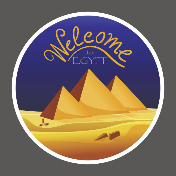 卡通'欢迎来到埃及'概念标志在灰色背景。沙漠中的埃及金字塔和蓝天。矢量图图片下载