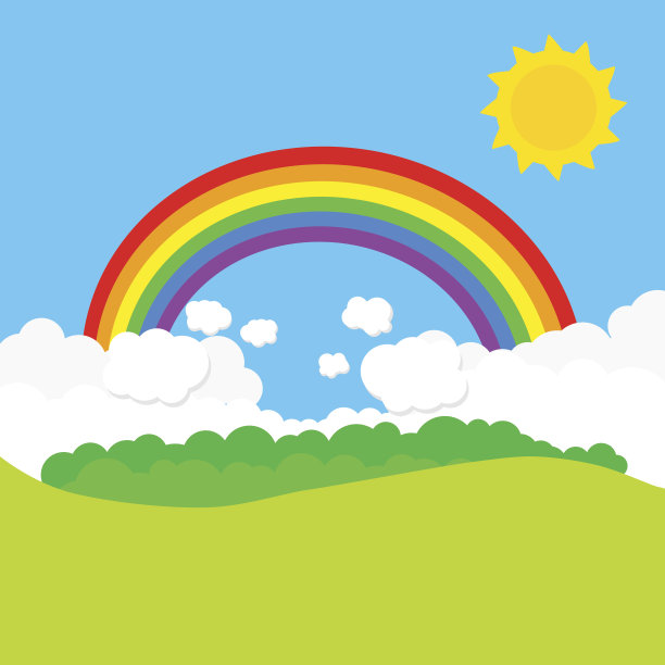 有彩虹和阳光的风景。矢量图图片下载
