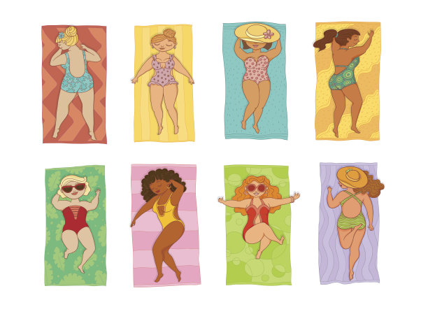 向量在泳装中丰满的女子躺在垫子上图片下载