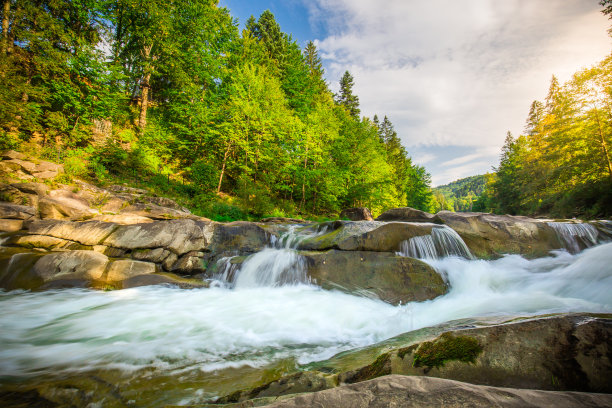 山上的瀑布在树林中咕咕。乌克兰喀尔巴阡山。图片下载