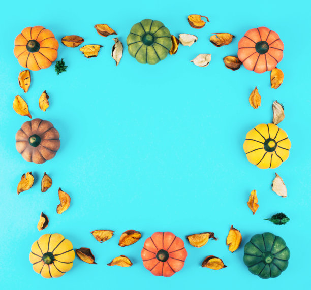 装饰南瓜与秋天的叶子框架。图片下载