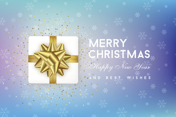 圣诞贺卡与白色礼盒，金色丝带和五彩纸屑和节日祝愿在彩色的蓝色梯度背景。图片下载