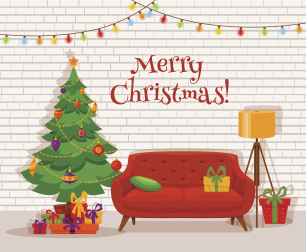 圣诞房内饰以彩色卡通扁平风格。图片下载