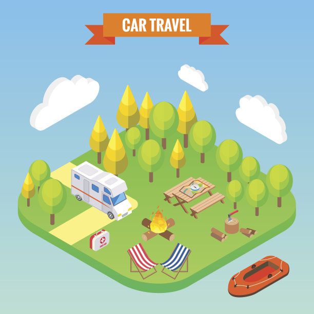 汽车旅行和露营等距概念。矢量插图在平面3d风格。户外露营活动。乘坐露营者图片下载