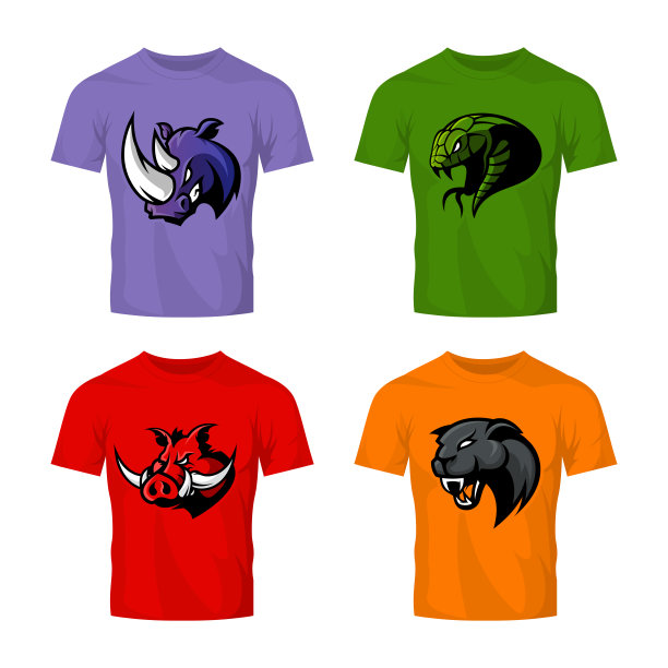 愤怒的黑豹、犀牛、蛇和野猪运动矢量图标，概念集隔离在白色上。素材图片