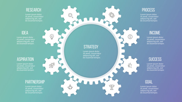 业务层次结构信息。有8个选项的组织结构图，齿轮。向量模板。图片下载