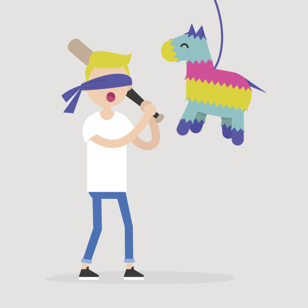 年轻的蒙住眼睛的角色打破了一个皮纳塔与棒球棒/平面可编辑矢量插图，剪辑艺术图片下载