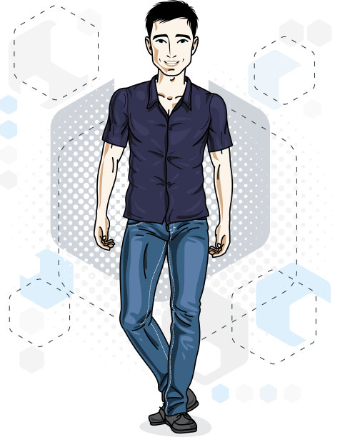 英俊的黑发青年站着。矢量插图的男人穿着时尚的休闲衣服。图片下载