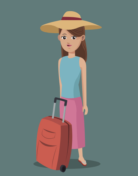 年轻女孩衬衫帽子手提箱旅行图片下载