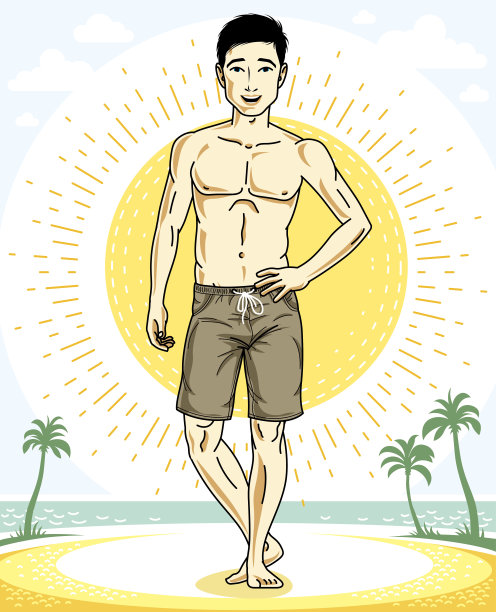 英俊的黑发男子站在热带海滩上，穿着沙滩短裤。矢量插图。暑假的主题。图片下载