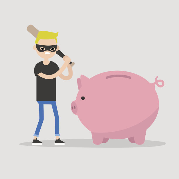 用棒球棒打破存钱罐的男性小偷/平面可编辑矢量插图，剪贴画图片下载