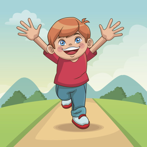 快乐的孩子的一天。卡通男孩与景观道路设计图片下载