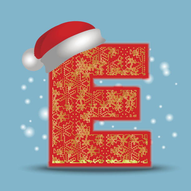 向量圣诞字母字母E与圣诞老人的帽子和金色的雪花在蓝色的雪的背景。新年冬雪字图片下载