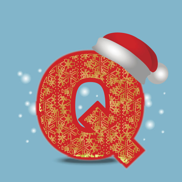 矢量圣诞字母字母Q与圣诞老人的帽子和金色的雪花在蓝色的雪背景。新年冬雪字图片下载