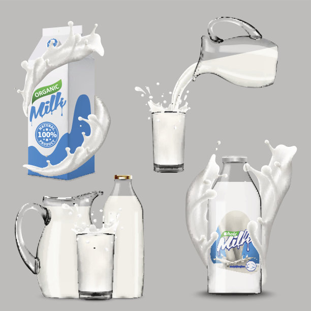 全脂牛奶大套，倒溅牛奶，玻璃，纸盒，水壶，瓶子图片下载