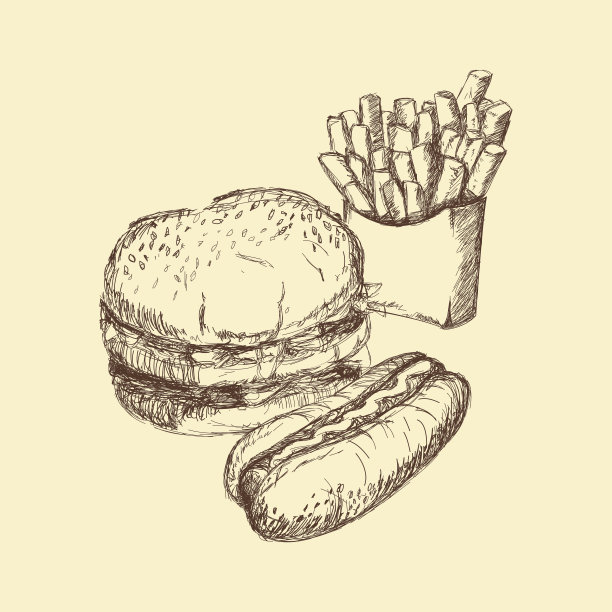 手绘汉堡、热狗、薯条等食物元素。用于菜单装饰的食物。矢量插图设计图片下载