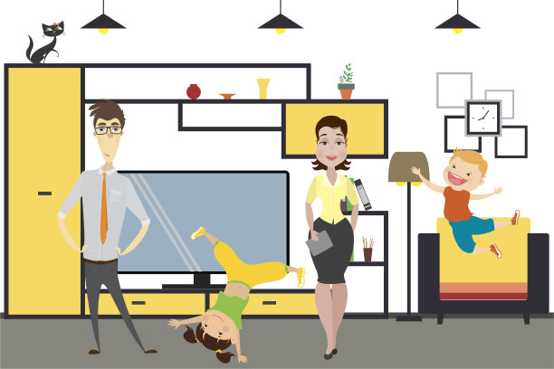 可爱的卡通家庭-妈妈，爸爸，女儿和儿子在家庭内部图片下载