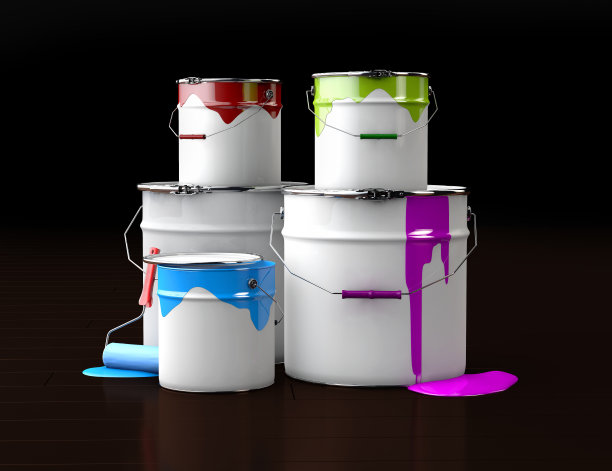 3d插图的塑料桶与彩色油漆在木制的背景图片下载