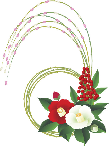 椿と柳と南天　和風图片下载