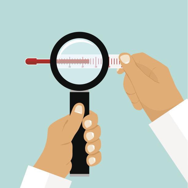 医生拿着一支体温计。医生用放大镜看温度计图片下载