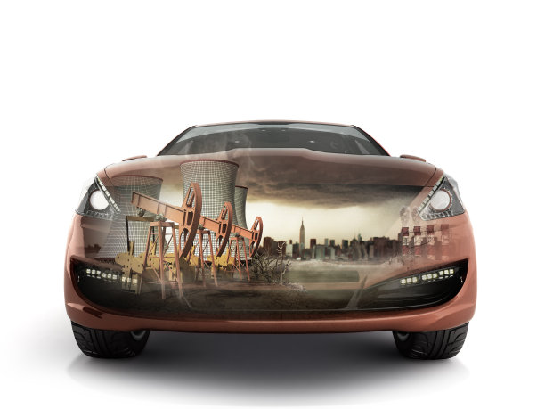 双曝光概念污染的环境由汽车工业3d渲染在白色背景图片下载