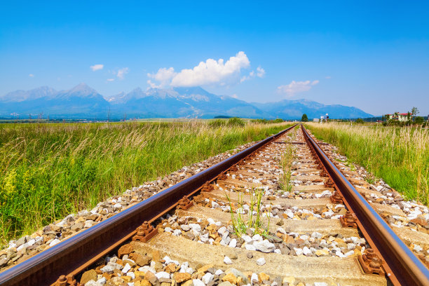 在一个阳光明媚的日子里，这条铁路将游客引向奇妙的风景，引向难以置信的草坪和山脉。图片下载