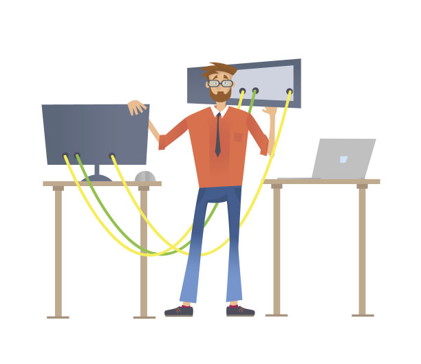 戴眼镜的人正在修电脑。电脑维修服务。矢量插图，孤立在白色背景上。图片下载