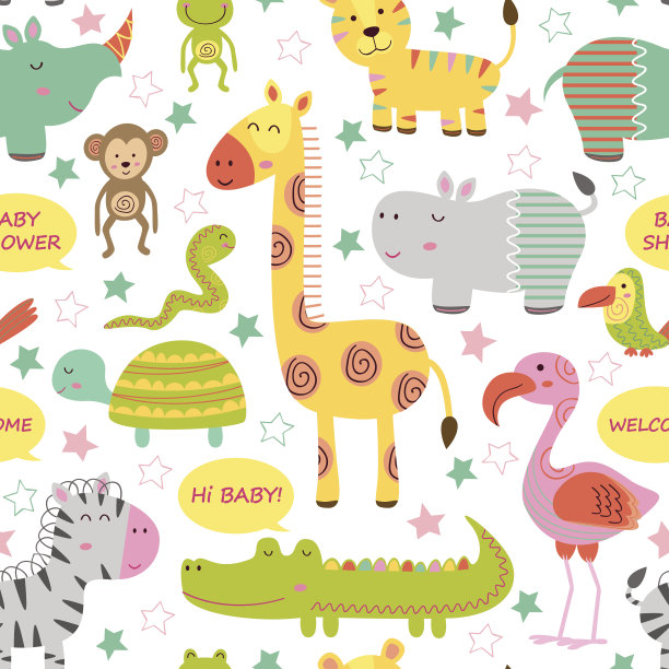 无缝模式与婴儿丛林动物在白色的背景图片下载