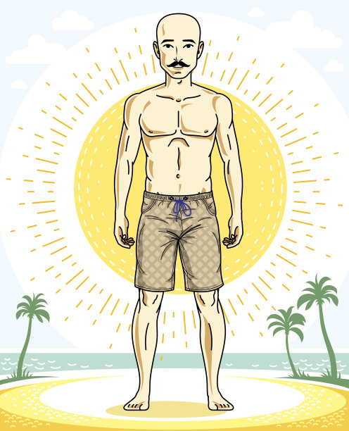英俊的秃头男子与时尚的胡须摆造型在热带海滩上五颜六色的短裤。向量的性格。暑假的主题。图片下载