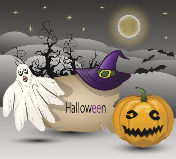 矢量背景万圣节与南瓜，幽灵，帽子和一个月亮图片下载