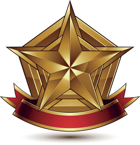 3d黄金纹章纹章与光滑的五角星，最好的web和平面设计，明确的EPS 8矢量。纹饰有红色波浪缎带，是防御标志。图片下载