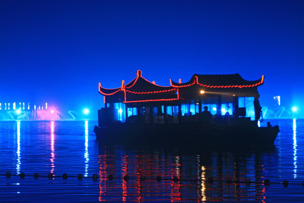 观光船在一个公园的岸边，中国北部图片下载