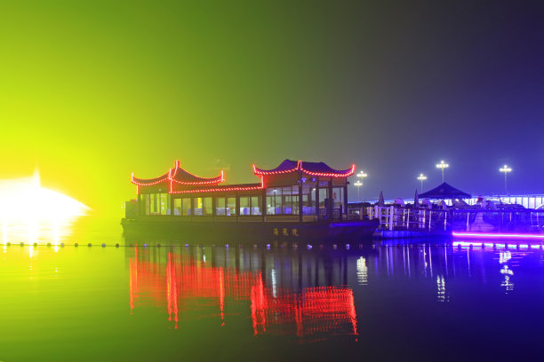 观光船在一个公园的岸边，中国北部图片下载