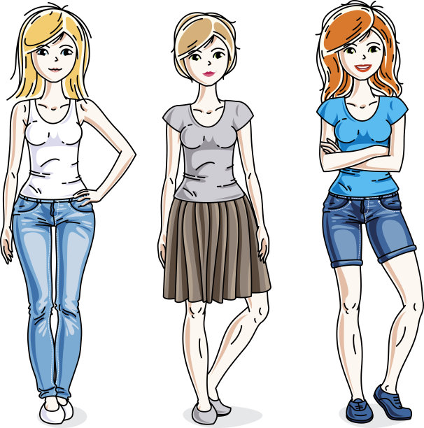 年轻迷人的成年女子群站着，穿着时尚休闲装。矢量集美丽的人插图。图片下载