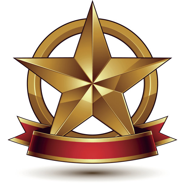 品牌金色符号与五角形光泽星和红色装饰弯曲丝带，最好使用在网页和平面设计。精致的矢量图标放置在一个圆圈。精密的金戒指孤立在白色背景。图片下载