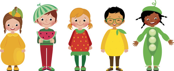 一组穿着不同水果服装的孩子图片下载