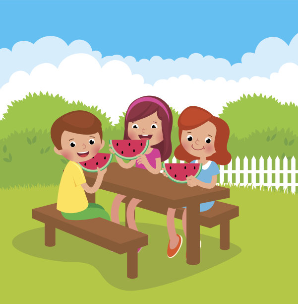 夏天，孩子们在后院吃西瓜图片下载