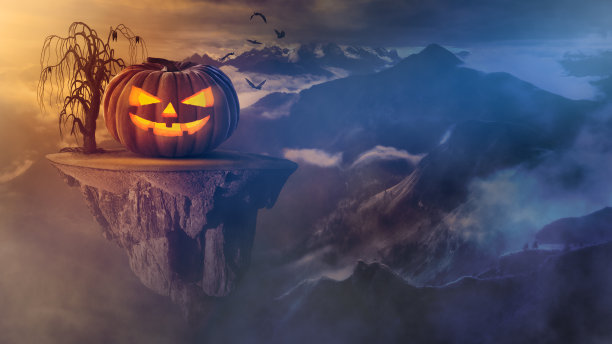 可怕的万圣节南瓜漂浮在山上的岛屿上图片下载