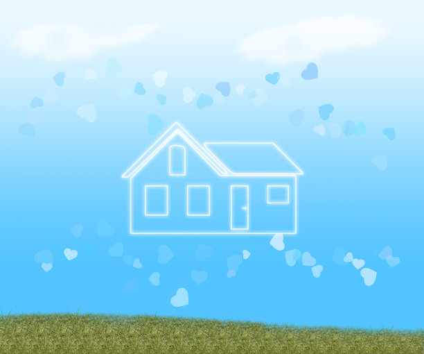 明亮的房屋轮廓悬挂在天空中，环绕着飞翔的心和绿色的小山图片下载