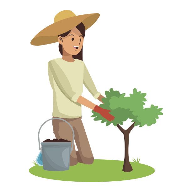 戴着帽子的妇女正在种植树木和泥土花盆图片下载