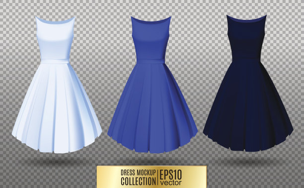 女装模型系列。穿长百褶裙。现实的矢量图。完全可编辑的手工网格。没有袖子的节日礼服。浅，亮和深蓝色变化图片下载