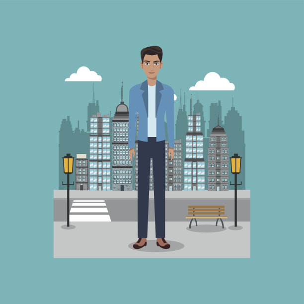 年轻人站在路边，灯柱城图片下载