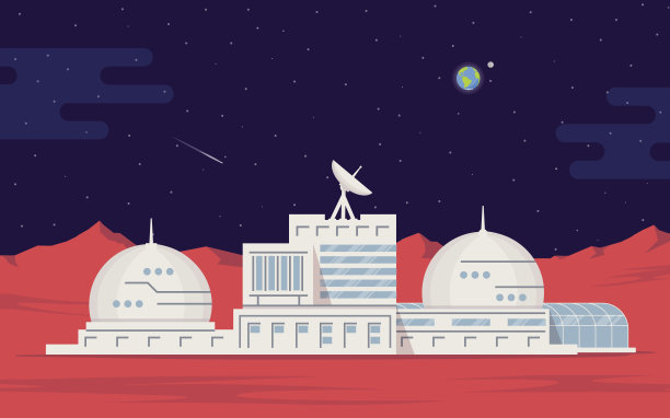 火星殖民。太空基地人类在红色星球上。空间探索和技术。素材图片