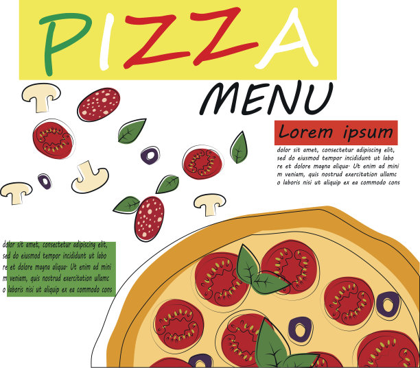 披萨餐厅菜单模板与配料。向量图片下载