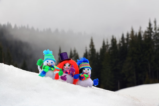 三个滑稽、矮小的雪人，用钩针编着，戴着五颜六色的帽子、围巾和手套，站在雪中，映衬着高山上雾蒙蒙的云杉森林。图片下载