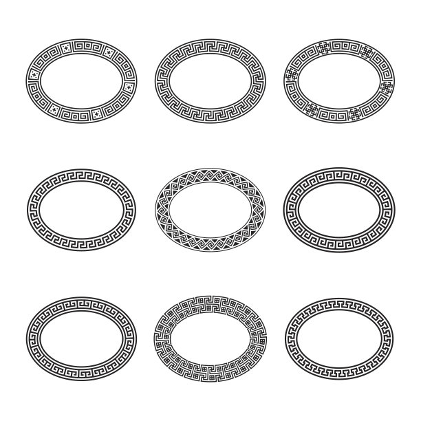 民族集合。在白色背景上的黑色古董边框。希腊的椭圆形镜框。用刷子图片下载