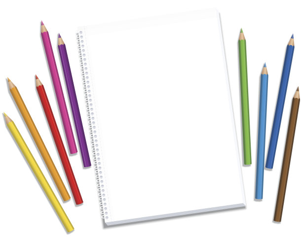 用彩色蜡笔围绕在空白纸上，等待艺术家的灵感和创意——在白色背景上孤立的矢量插图。素材图片