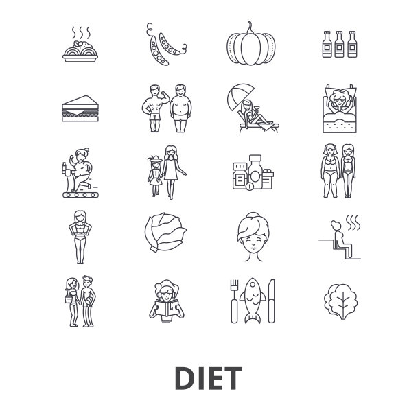 饮食、减肥、饮食、健身、营养、健康、瘦身、锻炼、肥胖线条图标。可编辑的中风。平面设计矢量插图符号概念。线性独立的迹象图片下载